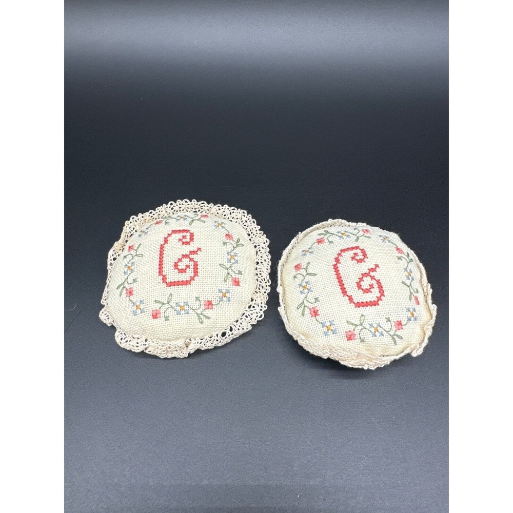 Vintage Hand Embroidered "G" Dresser Miniature Pillows With Floral Design & Lace